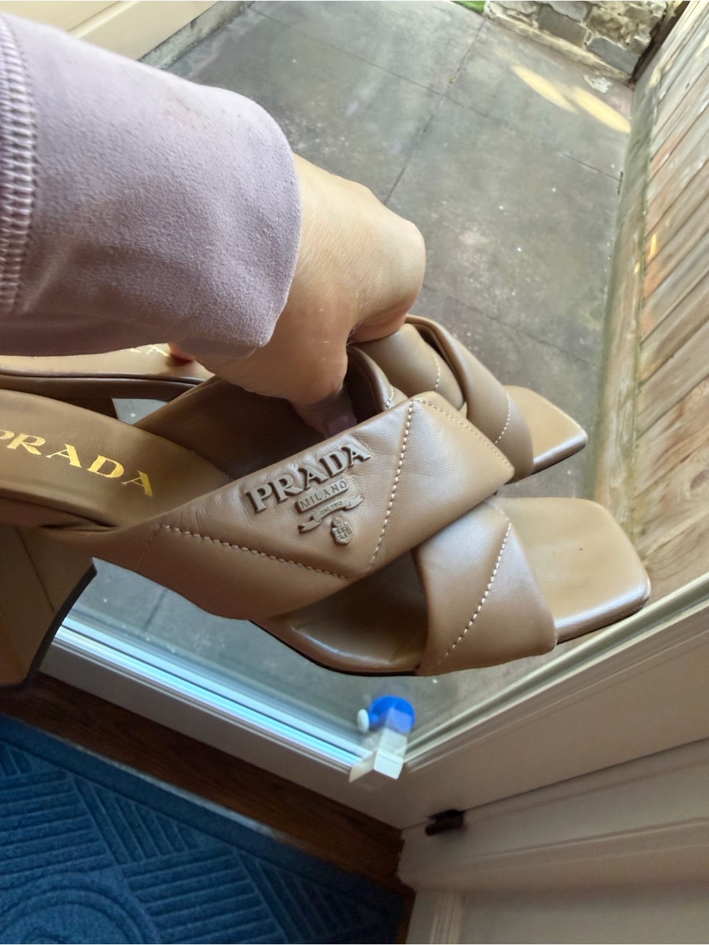 Prada Taupe Crisscross Leather Slide Sandals - Picture 8 of 8